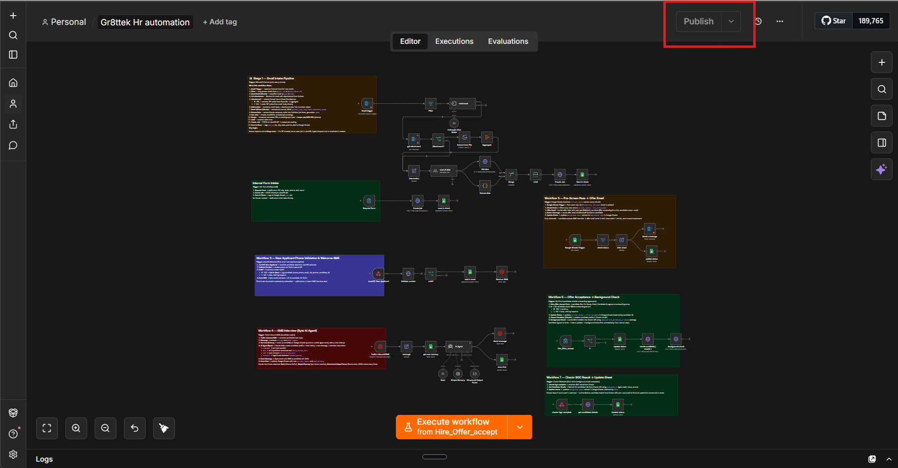 n8n HR automation workflow — email intake, SMS, background checks, and offer pipeline